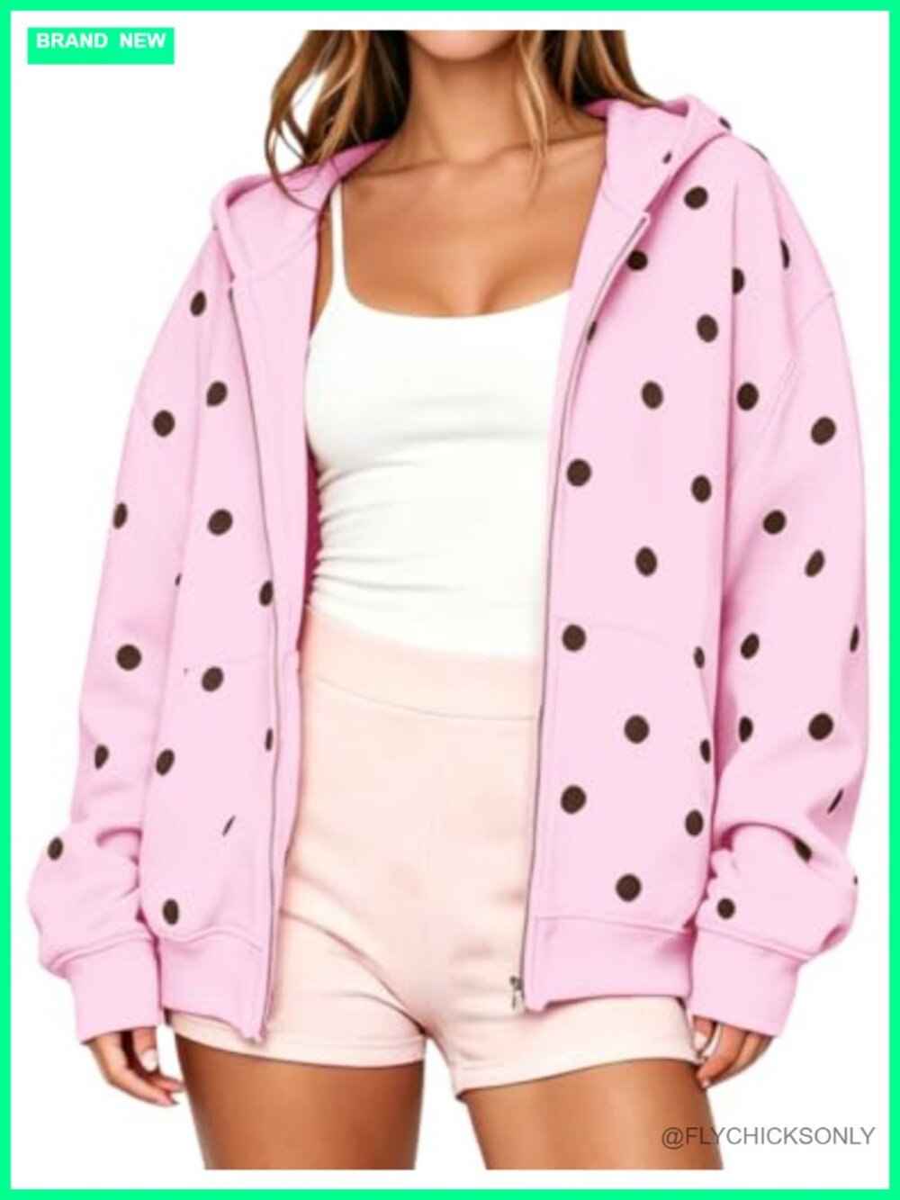 Oversized Zip Up Polka Dot Hoodie Fleece Lined Sweatshirt with Pockets